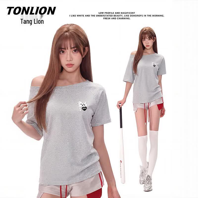 TonLion Women s One-Shoulder Puppy Print Loose T-Shirt S