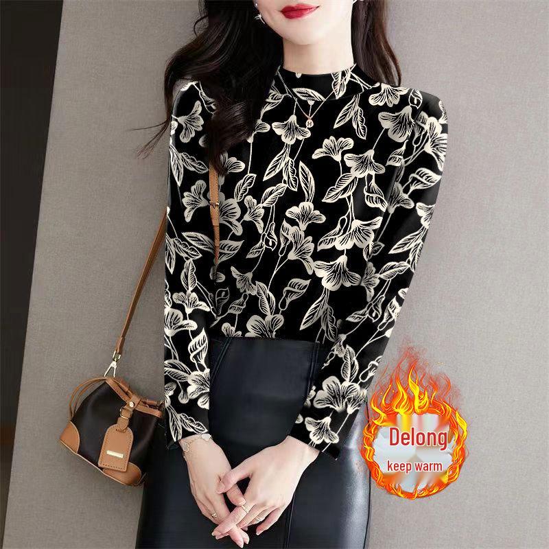 Women's Ribbed Fleece Base Layer Top: Half-High Neck, Long Sleeves, Stylish Print, Versatile for Middle-Aged & Elderly, Slimming Fit.