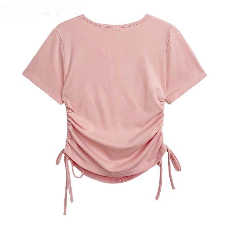 V-neck Solid Color Drawstring Pleated Waist Cinched Spicy Girl Shoulder T-shirt On Both Sides Tops