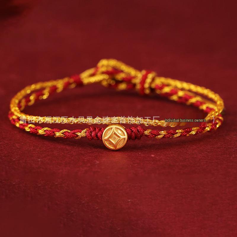 999 Pure Gold Women's Red String Horse Bracelet with Luck Bead