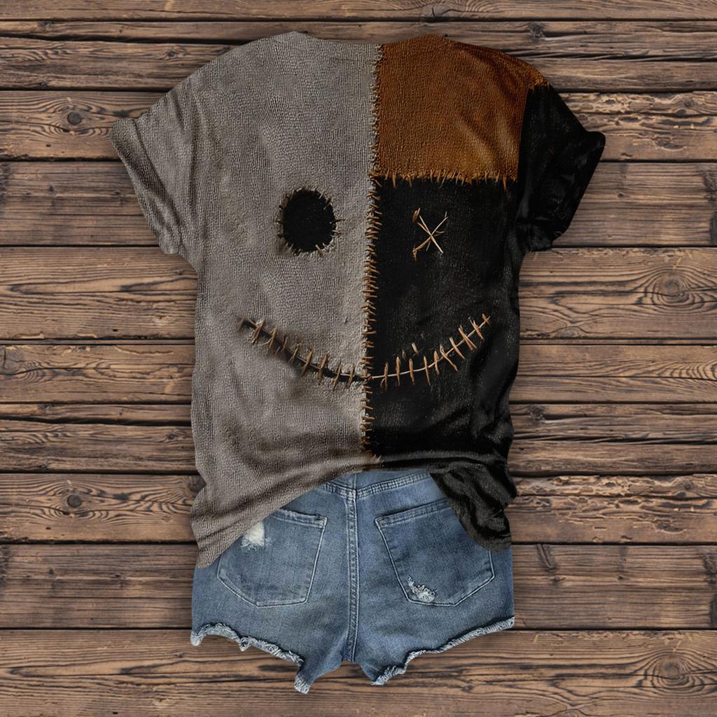 Women's Fashion Casual Three-quarter Sleeve Halloween Letters,  Face Print Top