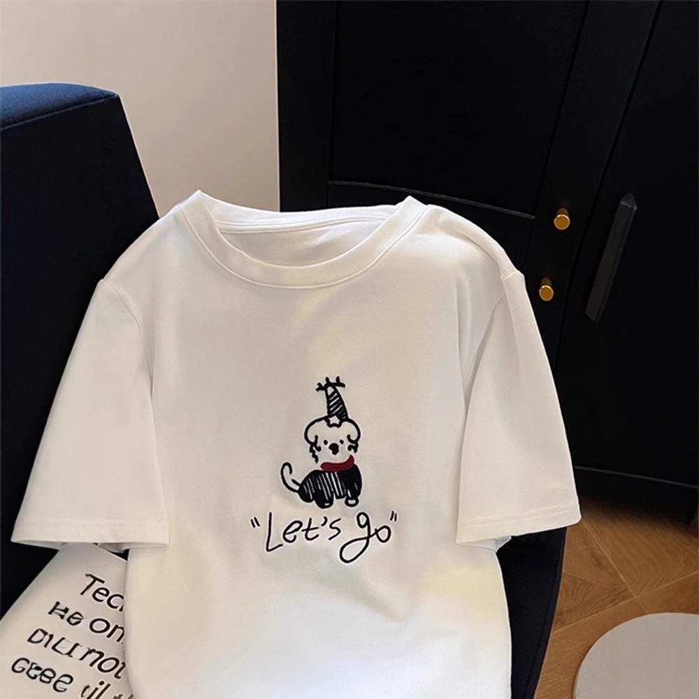 Women's White Embroidered Puppy Short Sleeve T-shirt - Spring 2025 Casual Top