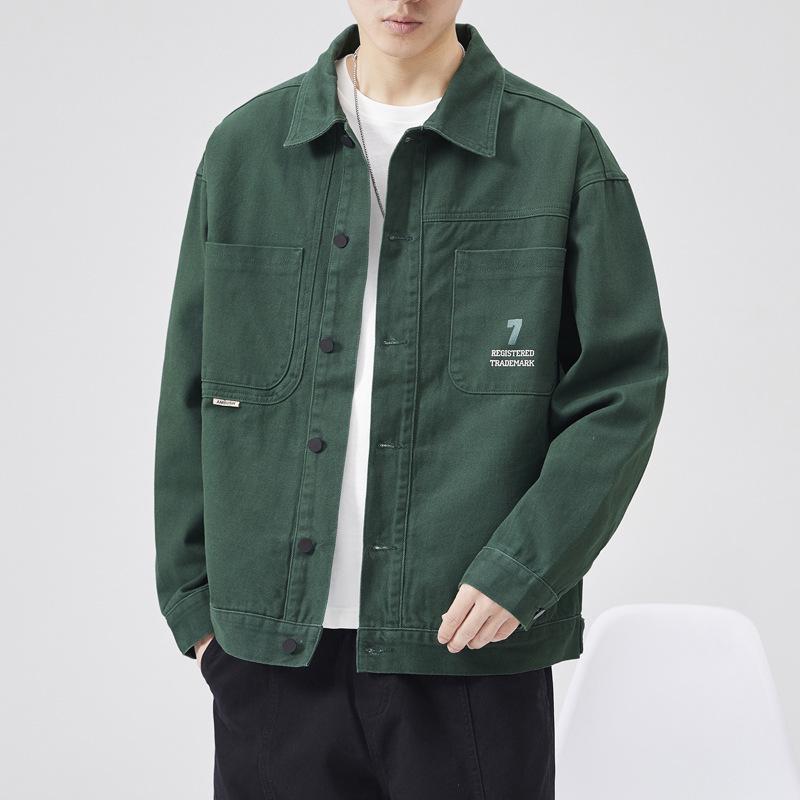 Men's Loose Fit Plus Size Khaki Denim Jacket - American Retro Spring/Autumn, Japanese Trend Brand