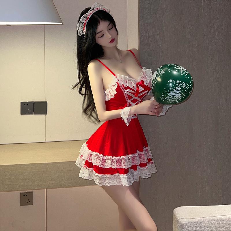Sexy Deep V Lingerie Camisole Christmas Maid Dress for Role Play