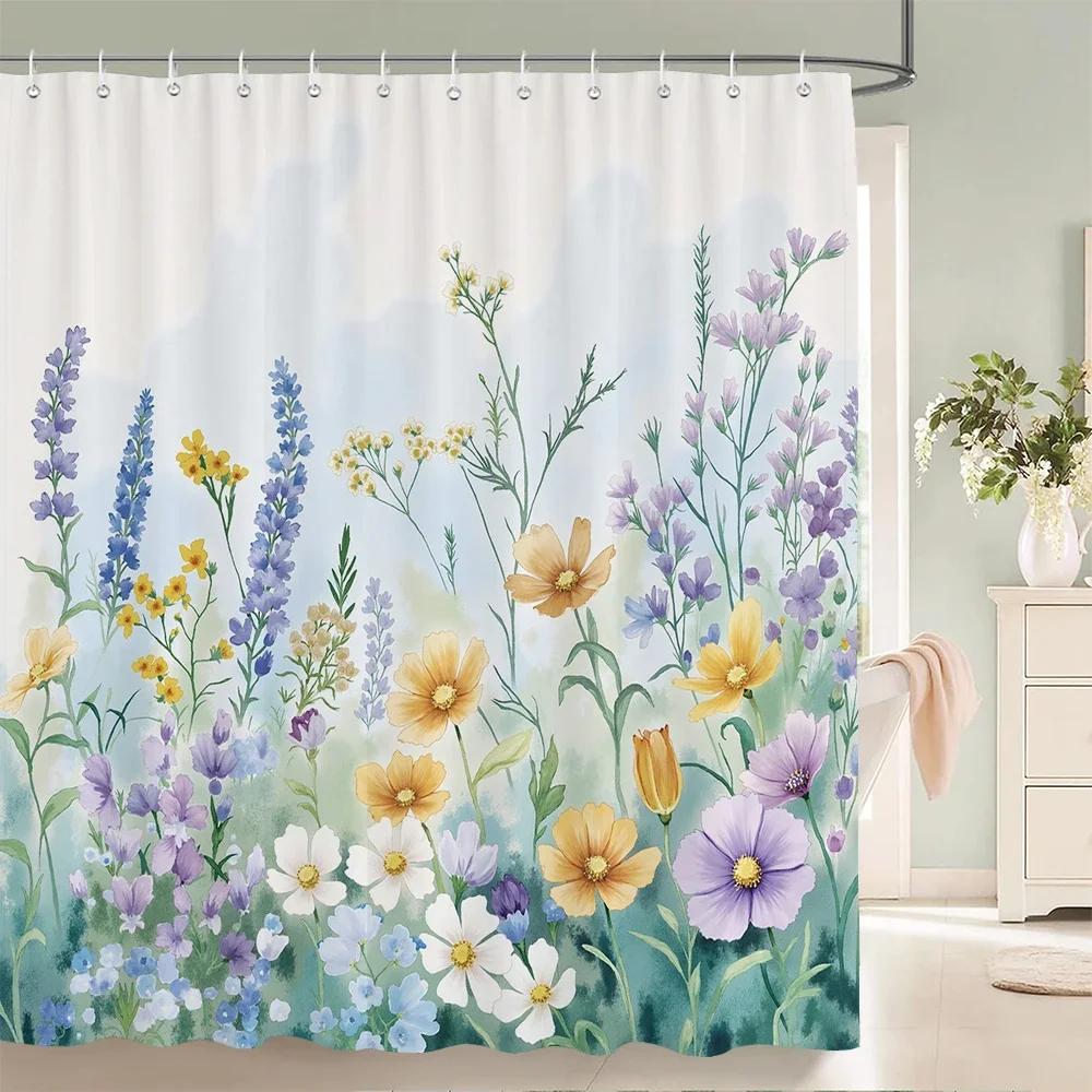 1Pcs Elegant Rose Flower Printed Fabric Waterproof Shower Curtain, Romantic and Fashionable Rose Bathroom Decoration, with Hooks