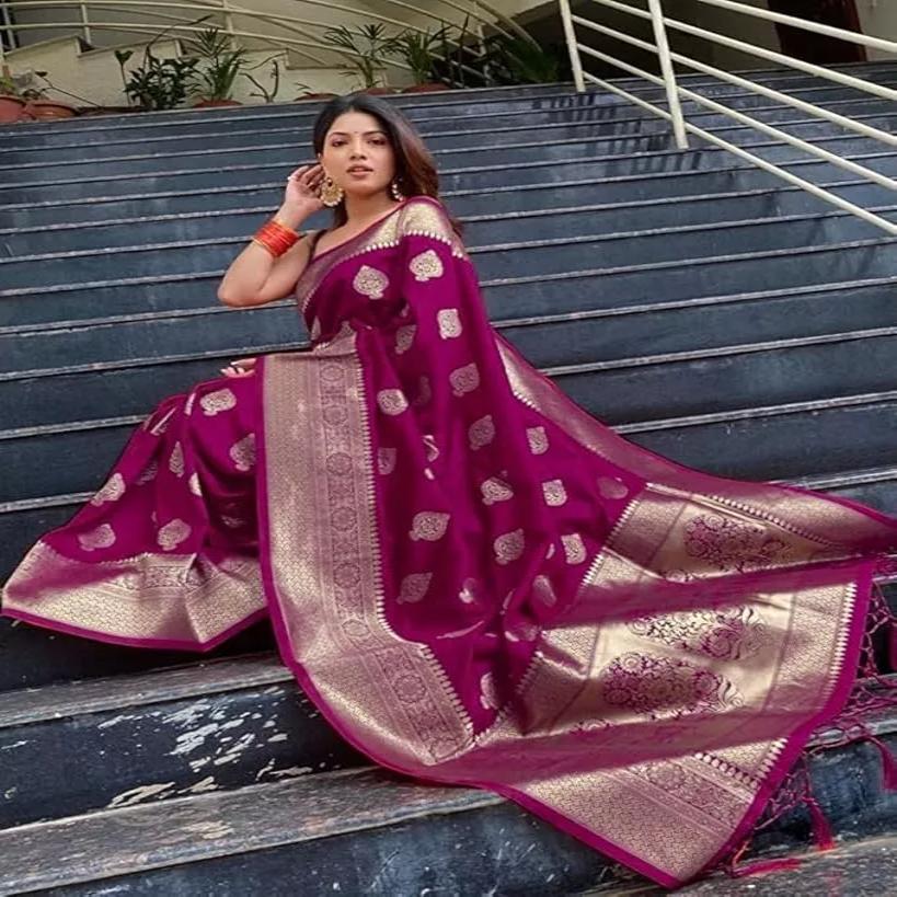 Шелковое сари Канджеварам, Kanjivaram Silk Saree For Wedding (Wine), C J Enterprise