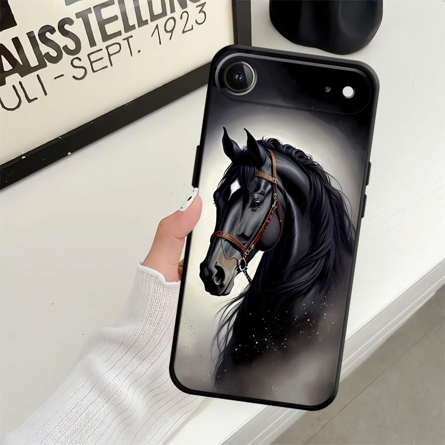 Animal Horse Pattern Black Soft Phone Cover Case for iPhone 15 16 14 Plus 7 8 13 12 11 17 Pro Max 17Air XR XS Max