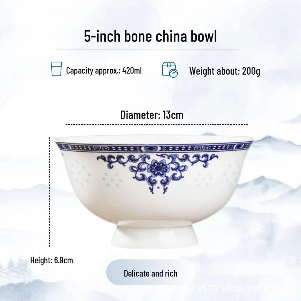 Blue and White High-Foot Bone China Noodle Bowl - Chinese-Style, Anti-Scald, Customizable for Birthdays