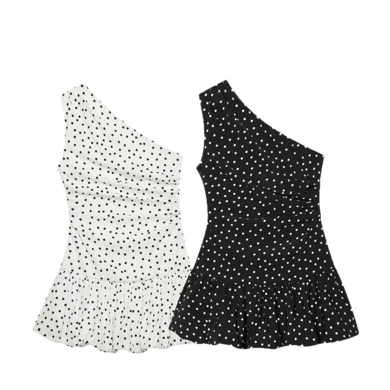 French Sweet Petite Polka Dot One-Shoulder Pleated Dress for Spring 2026
