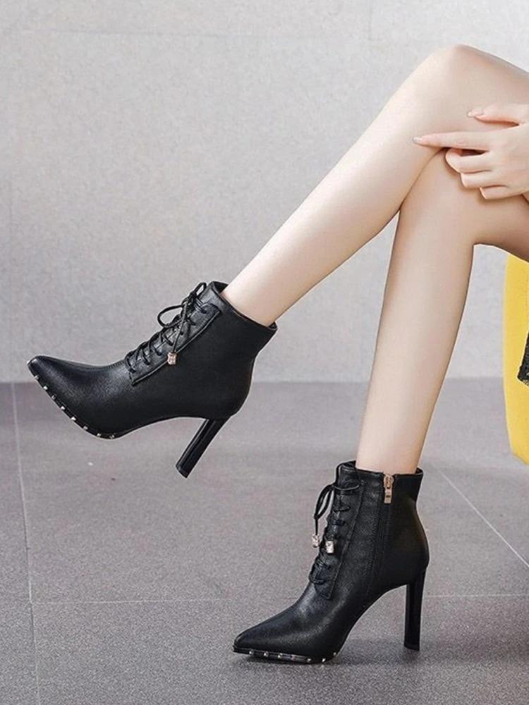Fashion Pointed Toe Ankle Boots for Women Black Zip Booties Studded Sale Boot Large Size Warm New Rock Hot Footwear In Woman Short Shoes