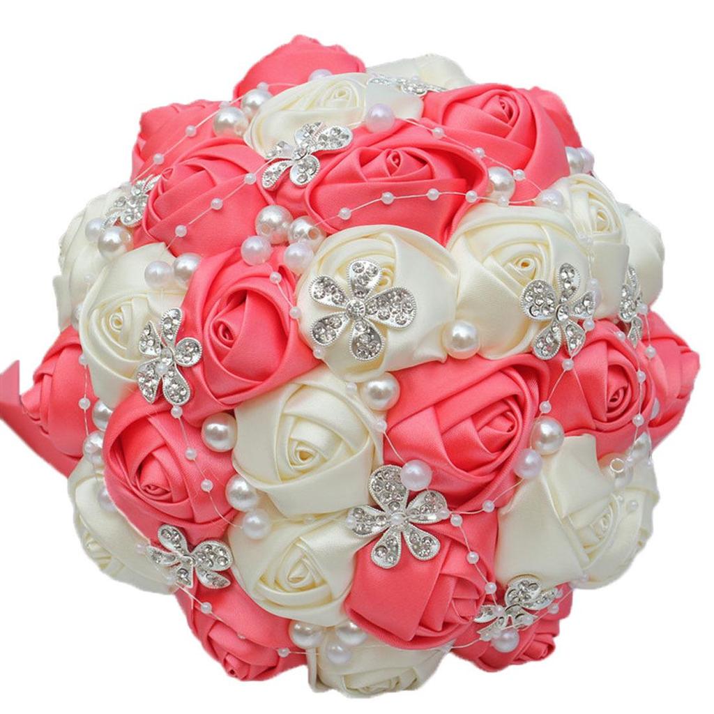 European & American Elegant Ribbon Flower Bridal Bouquet – Beaded Five-Flower Design