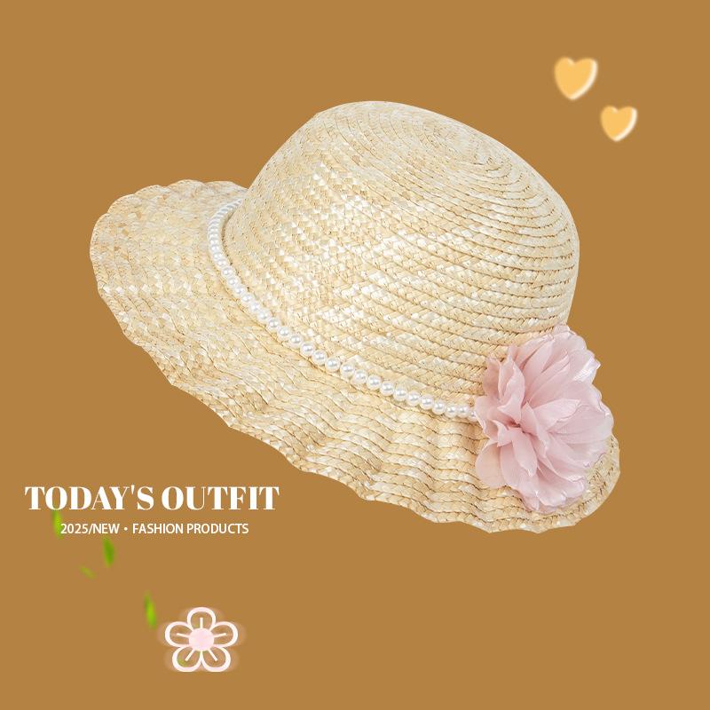 Flowers Pearl Straw Hat Women's Sweet and Versatile Hepburn Style Top Hat Summer Sun Shaving Hat