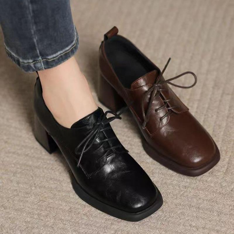 Fashion Women's Chunky Single Shoes Spring New Square Head Deep Mouth Front Lacing Anti-slip Wear-resistant High Heels