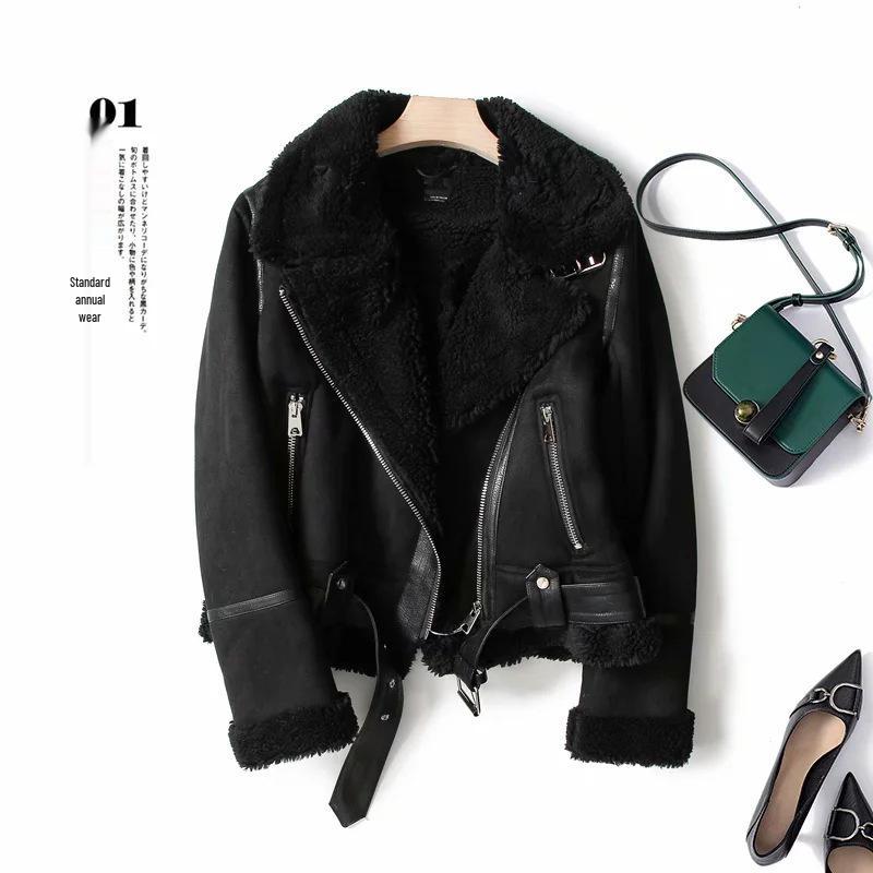 

Women s Thick Suede Leather and Fur Jacket - Autumn/Winter Motorcycle Style S чёрный