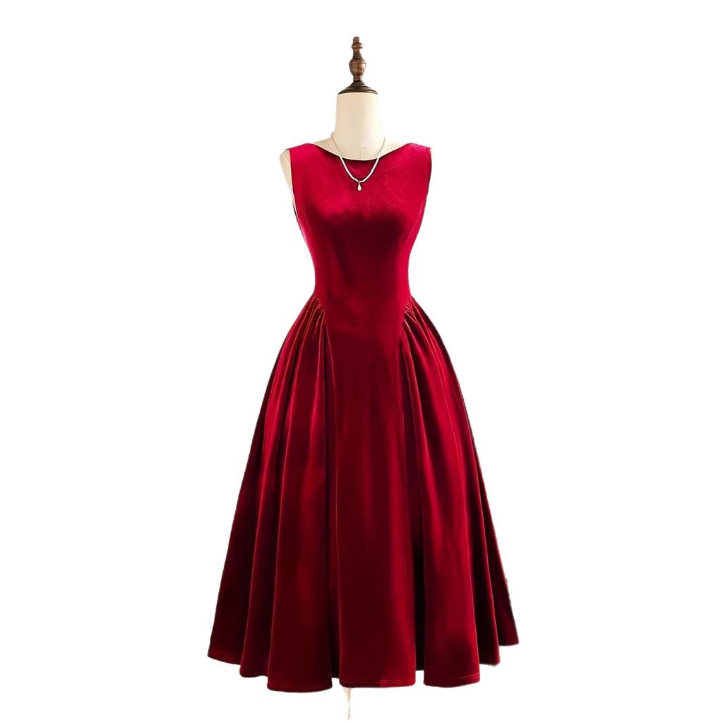Christmas Exclusive Wine Red Velvet Waist Swing Dress, Retro Elegant Style, Velvet Texture Christmas Dinner Gift