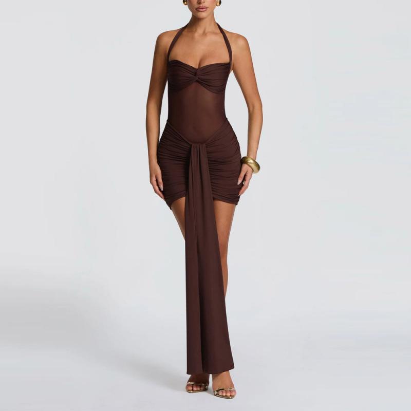 European and American summer new products, neck strap mesh splicing streamer temperament slim dress women's clothing