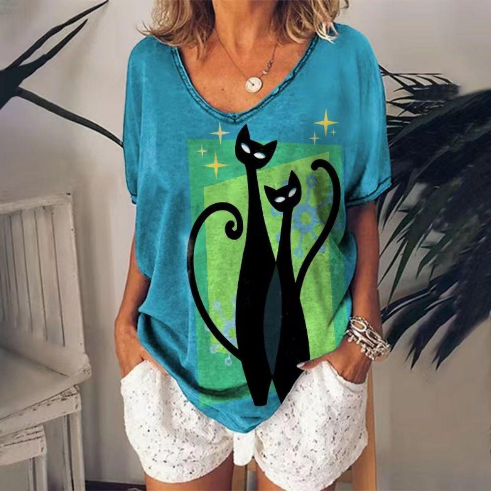 T-shirt da donna a maniche corte con stampa 3D astratta di gatto europeo e americano, versatile, ampia e casual