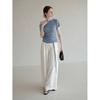 Blue polka dot slanted shoulder off-shoulder short-sleeved t-shirt women's summer slim-fitting and thin temperament versatile top