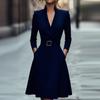 Women's Fashionable Workwear Solid-Colour Waist-Defining V-Neck Full-Skirted Long-Sleeved Dress