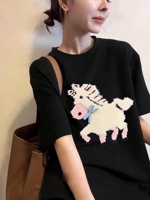 2026 Korean Retro Short Sleeve Women's T-Shirt with Small Horse Print - Trendy Round Neck Half Sleeve Top