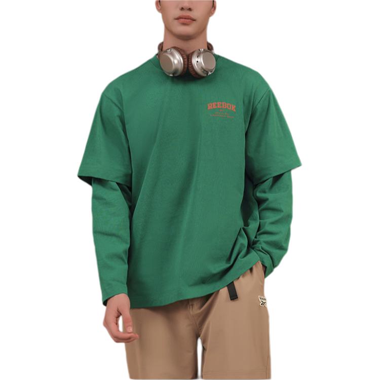 Reebok Solid Color Fake Two-Piece Knitted Long Sleeve T-Shirt Unisex Tops Dark-Green 23FRC503UGL1