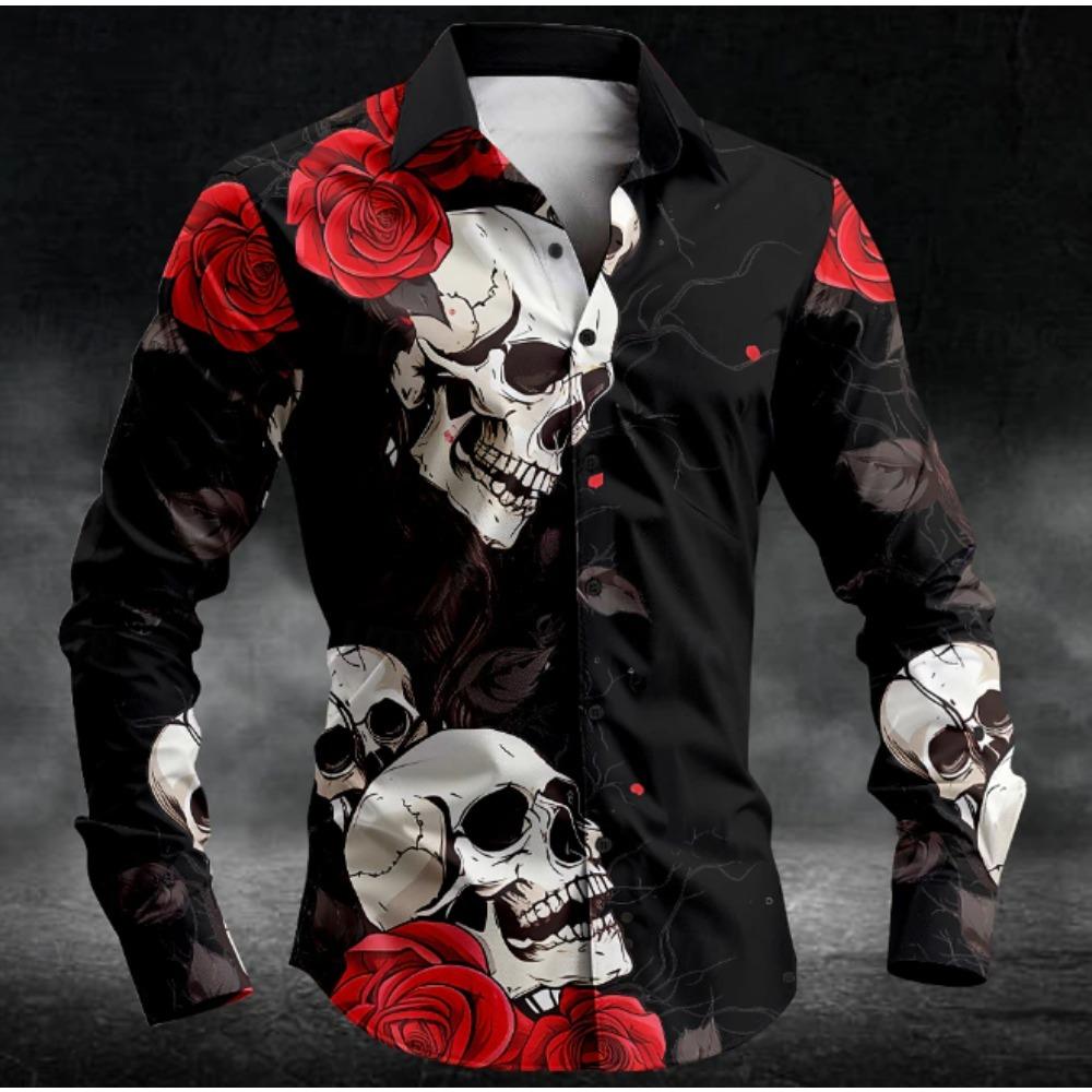 Men's Halloween Skull Printed Long Sleeve Shirts Casual Cardigan New Button Holiday Fashion Shirts