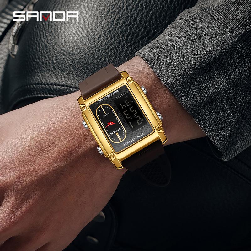 Sanda Men's Dual Display Square Stainless Steel & Silicone Business Watch, Waterproof & Multifunctional