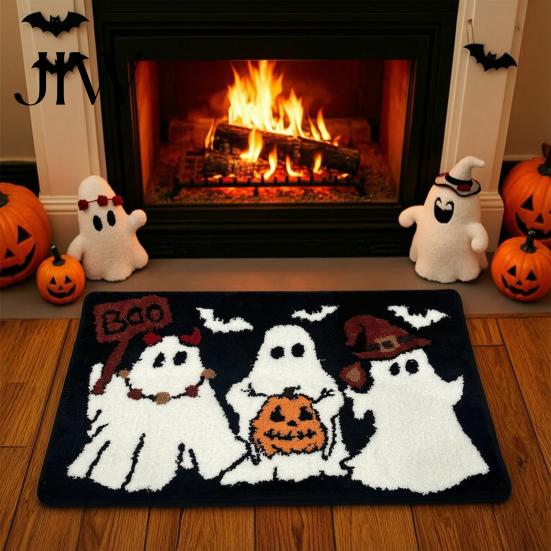 Dirt Resistant Entrance Mat Halloween Bath Mat, Pumpkin Ghost Bat Pattern Bathroom Rug, Floor Machine Washable Non-Slip Gothic Area Rug