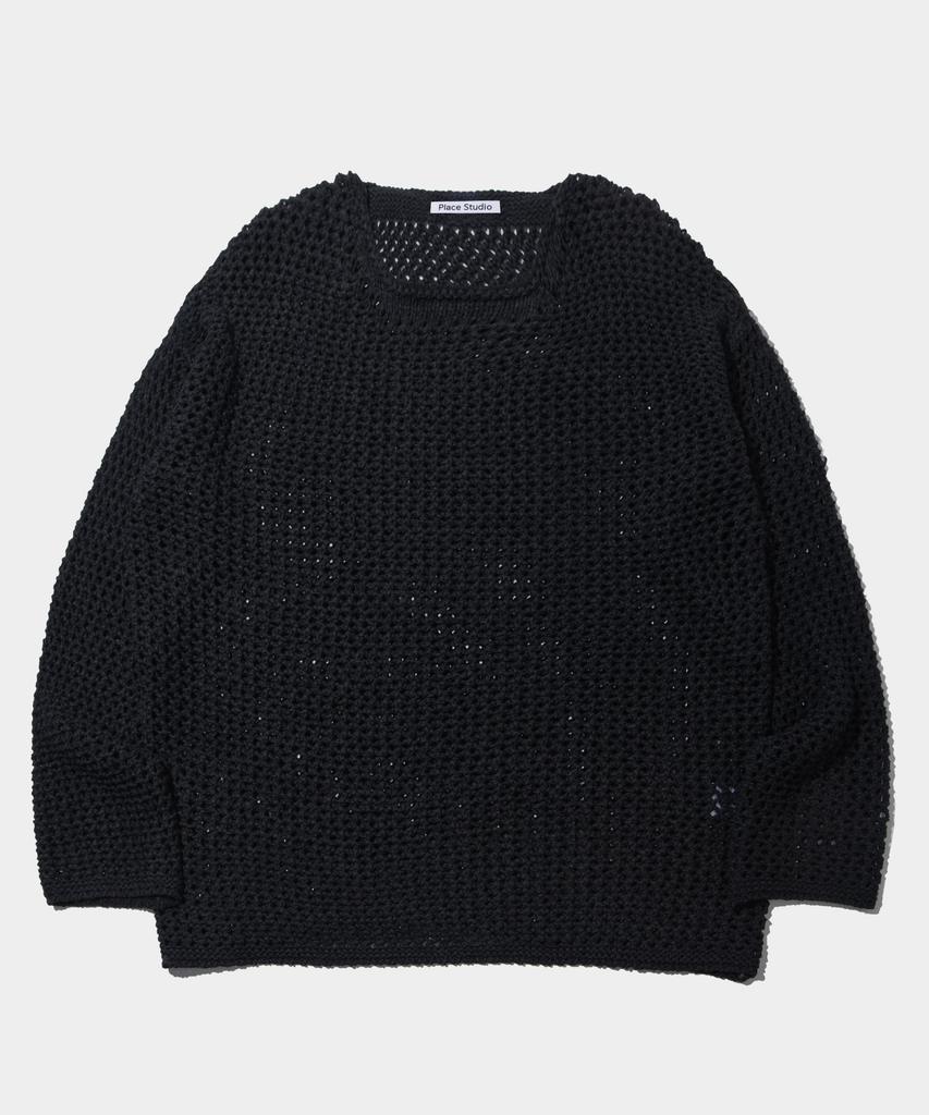 PLACE STUDIO Punched Damage Round Long Sleeve Net Knit_2 Colors