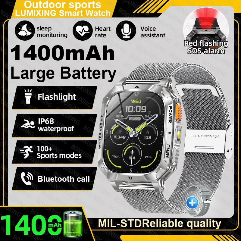 Military outdoor Smart Watch Fitness Clock Men 2.01 inch AMOLED Screen 1400mAh Battery Flashlight HD Call Waterproof Smartwatch