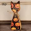 Retro Farmhouse Shelf Display Rustic Wooden Cat Ornament, Vintage Halloween/Flower Wood Tabletop Signs, Witch Hat Decor Distressed Animal Figurines
