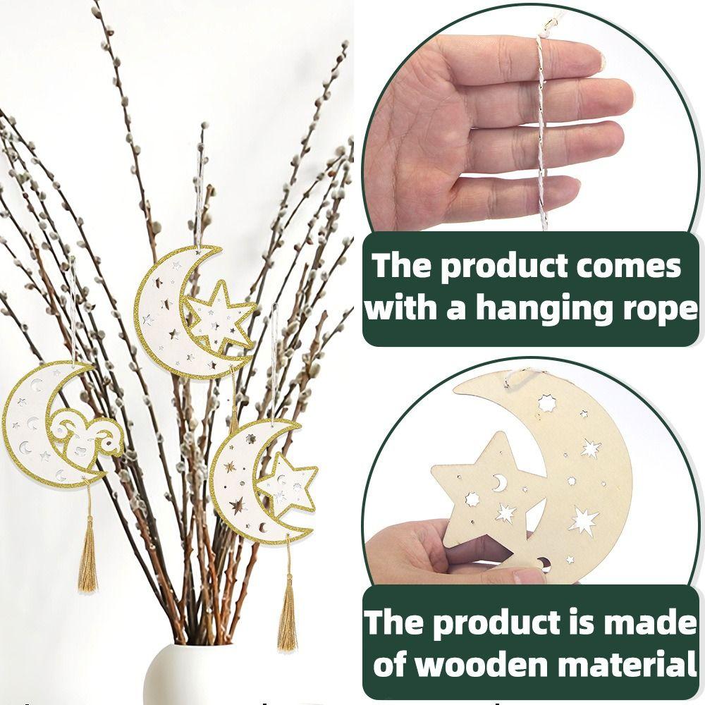 5Pcs Hollow Wooden Hanging Signs Creative Eid Moon Ornament Eid Door Sign  Middle East Moon Festival