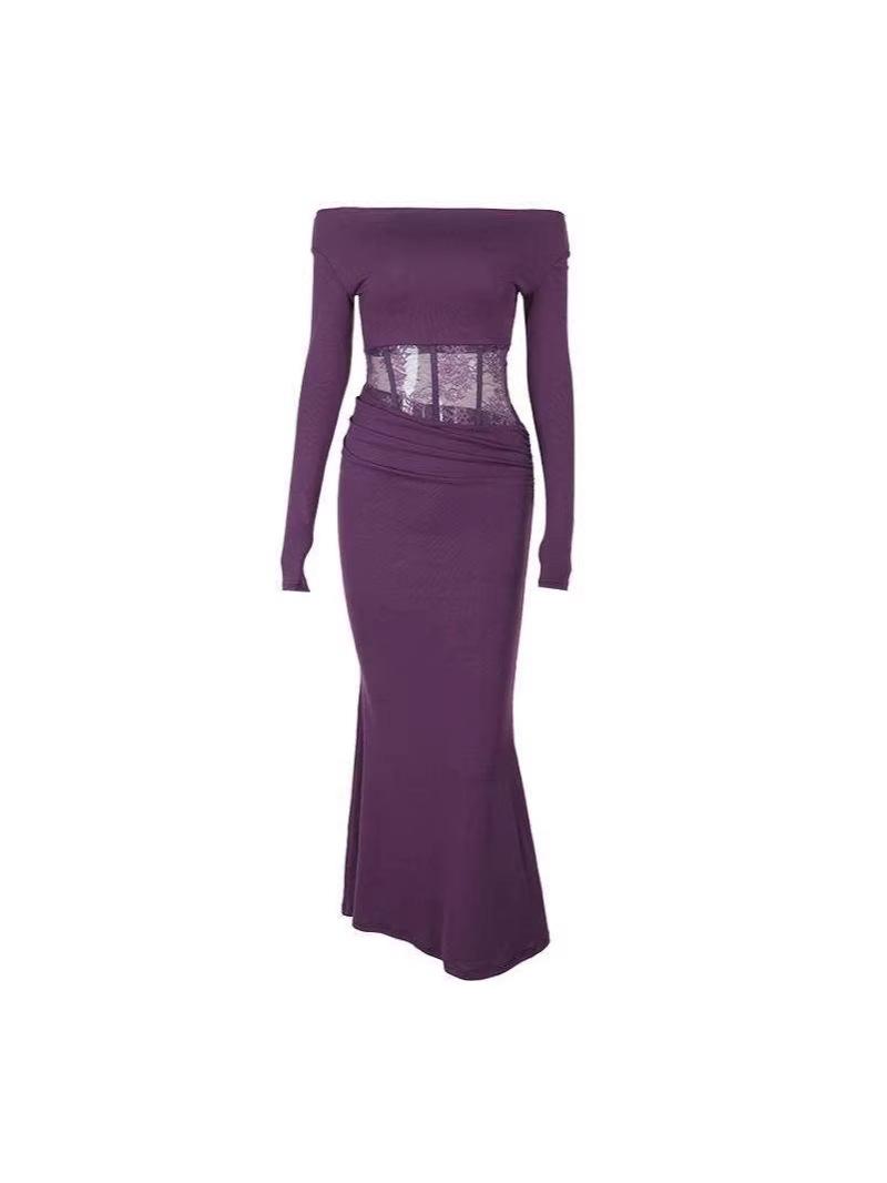 Women s Winter Purple Lace-Spliced Draped Fishtail Dress Small