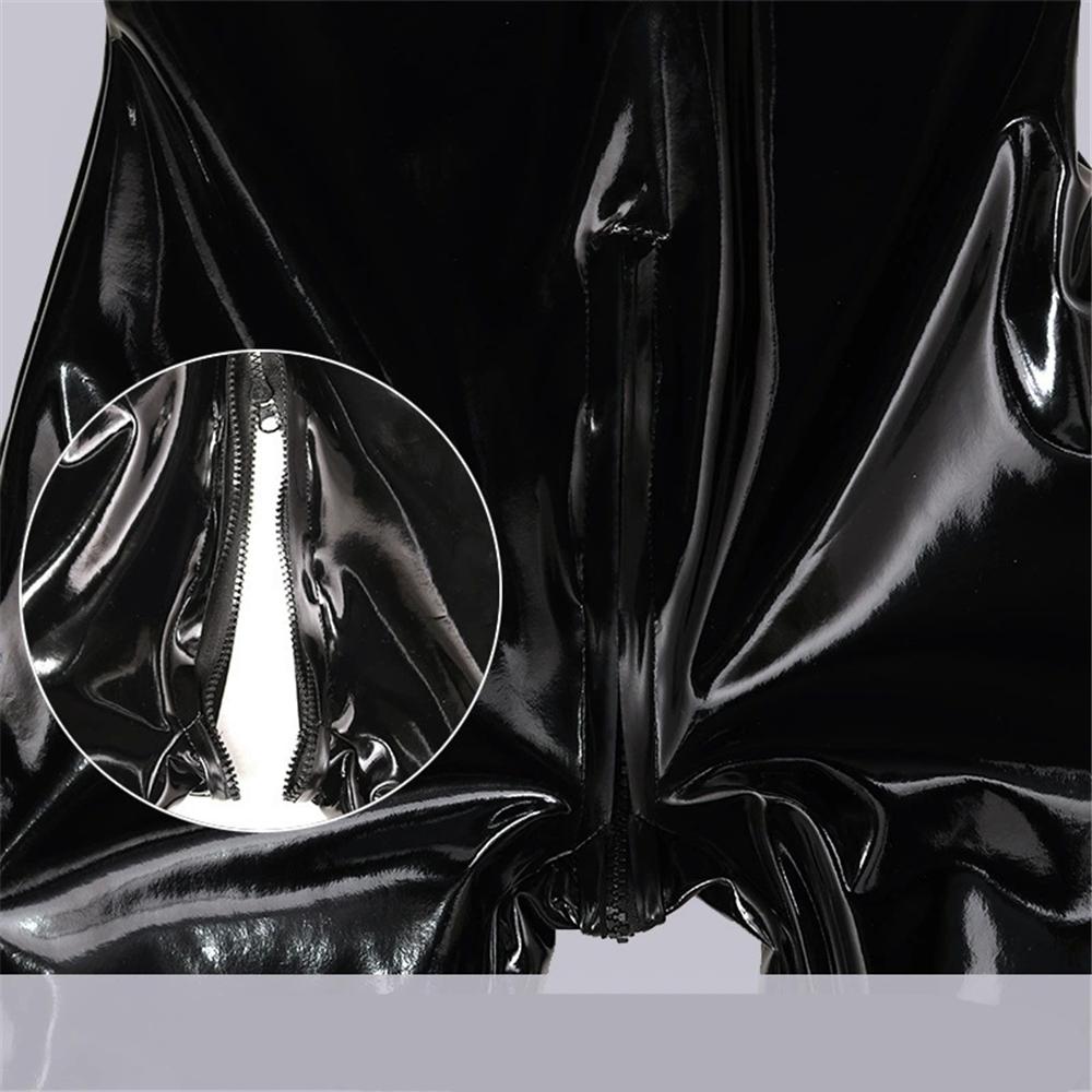 Sexy Men Elastic Pu Bodysuit Sleeveless Zipper Open Crotch Sexy Tights Pvc Latex Glossy Shiny Stage Dance Wear Plus Size