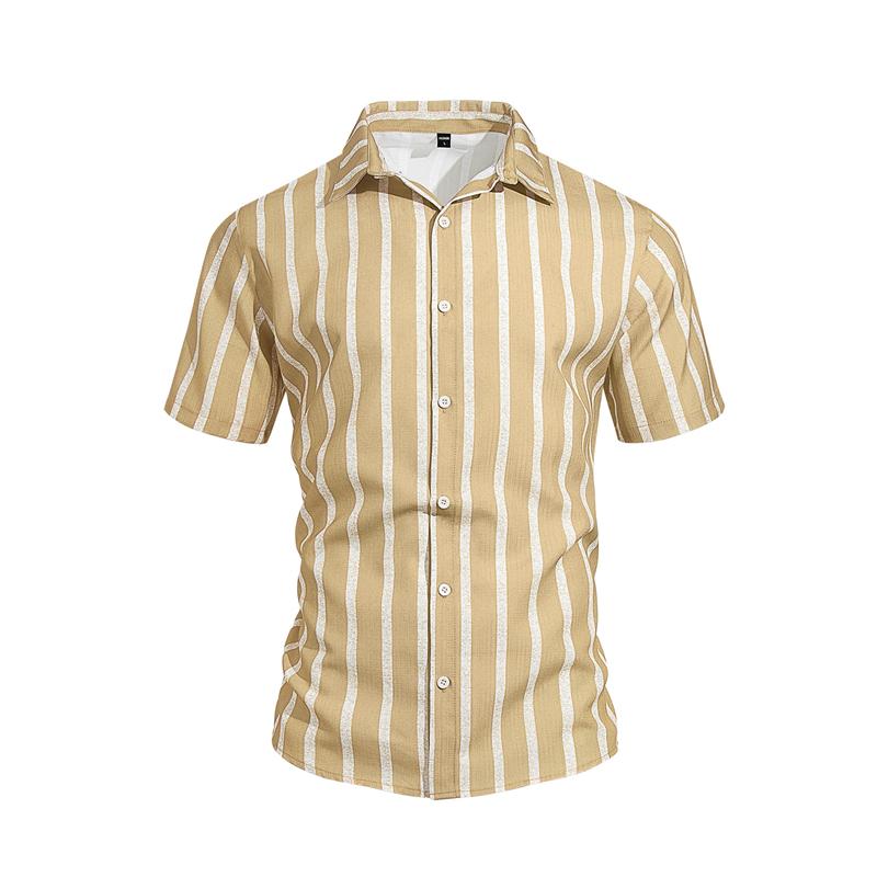 Summer 2026 Men s Slim Fit Short Sleeve Shirt Collared Striped Beachwear Casual Fashion European Style S хаки