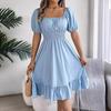 Women's Square Neck Puff Sleeve Midi Dress, Smocked Waist Ruffle Hem A-Line Casual Dress for Spring and Summer