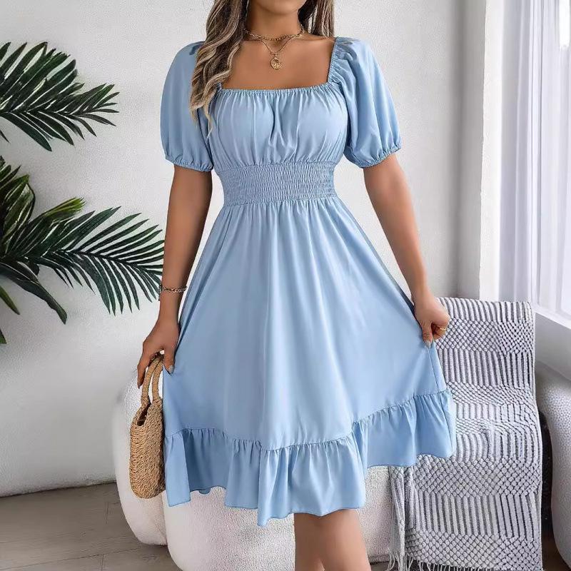 Women's Square Neck Puff Sleeve Midi Dress, Smocked Waist Ruffle Hem A-Line Casual Dress for Spring and Summer