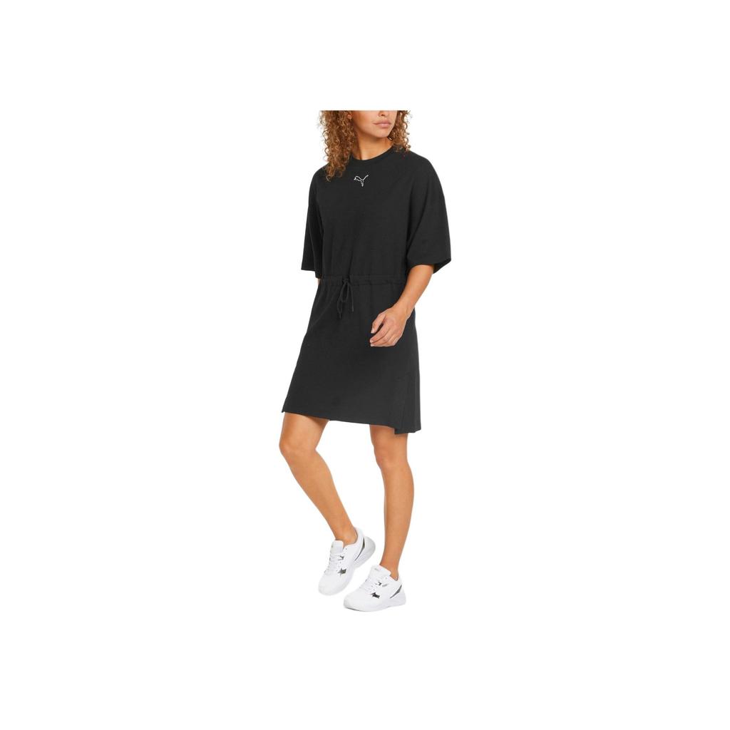 Puma Solid Color Logo Vintage Casual Embroidered Drawstring Breathable Round Neck Pullover Short Sleeve Dress Women Dresses Black 670955-01