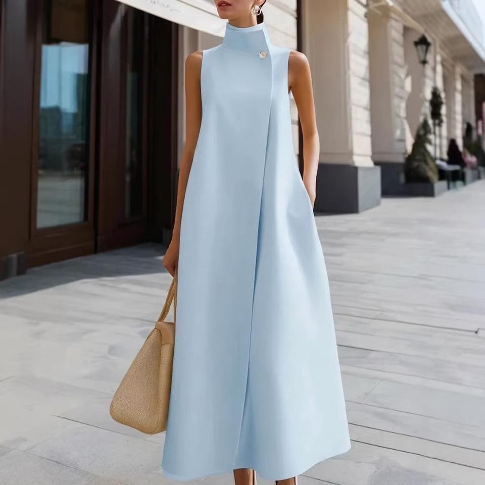 Women Elegant Sleeveless Midi Dress High Mock Neck Button Decor A Line Long Dress Loose Solid Color Vest with Pocket Office Business Formal Daily Wear