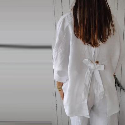 Damen Frühlingshemd aus Baumwolle und Leinen mit Krawattendesign auf der Rückseite, Polokragen, einreihig, lockere Freizeitblusen für den täglichen Pendelstil