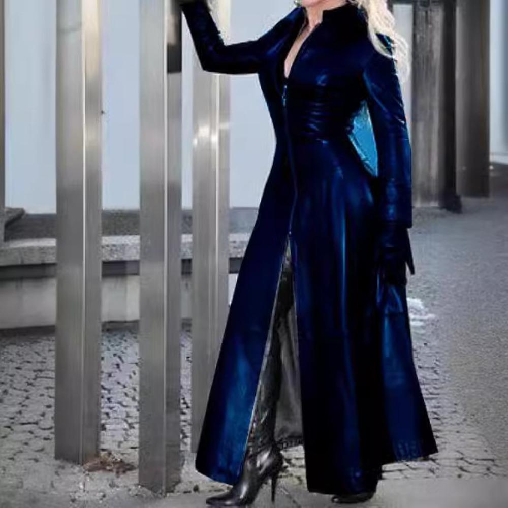 Women's Long Sleeve Faux Leather Maxi Coat Slim Fit Zip Up V Neck Elegant Commuter Trench Overcoat For Fall Winter