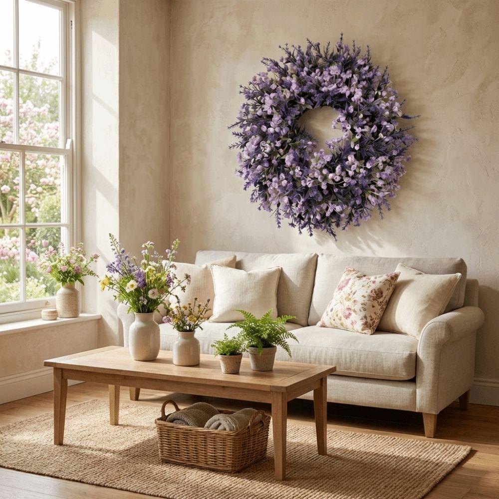 Lifelike Artificial Lavender Wreath Fresh Simulated Garland Spring Wreath  Front Door