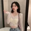 White Hollow-Out Lace Long-Sleeve Crop Top for Women, Summer Sheer Lace Belly-Showing Sun-Protective Shirt