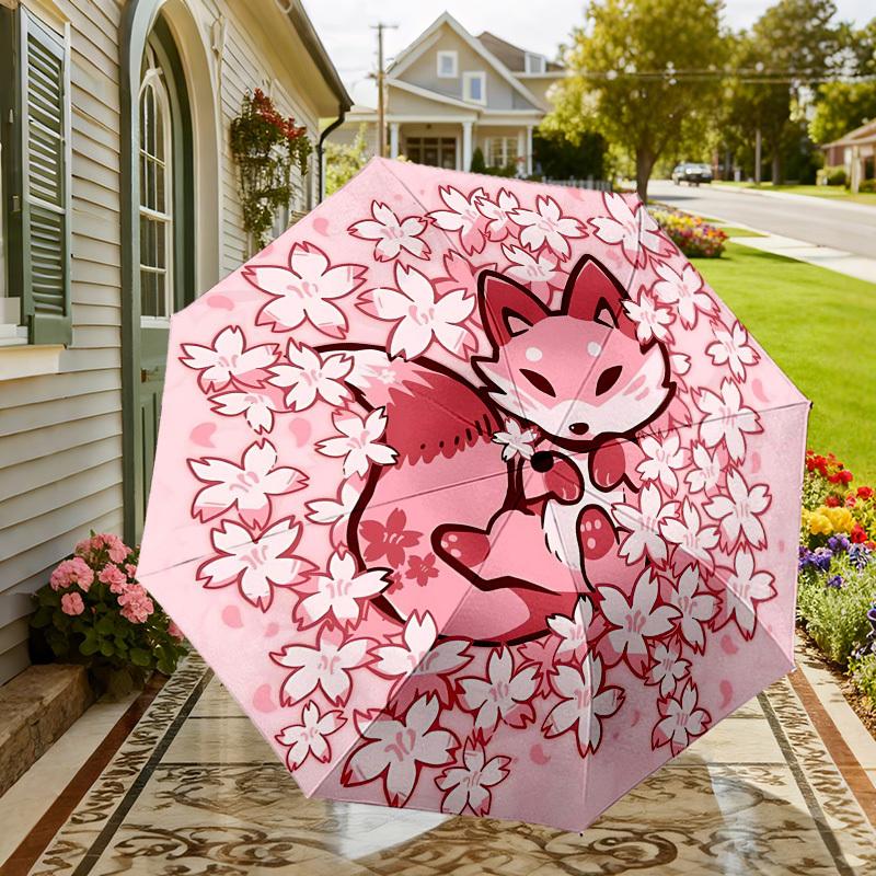 1pc Fox Cherry Blossoms Automatic Folding Umbrella 8 Rib Iron Frame,  Suitable for Travel, Daily Use, Birthday, Women & Men Gift c1231063