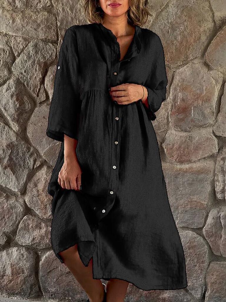 Women's New Cotton Linen Solid Color Button Long Dress