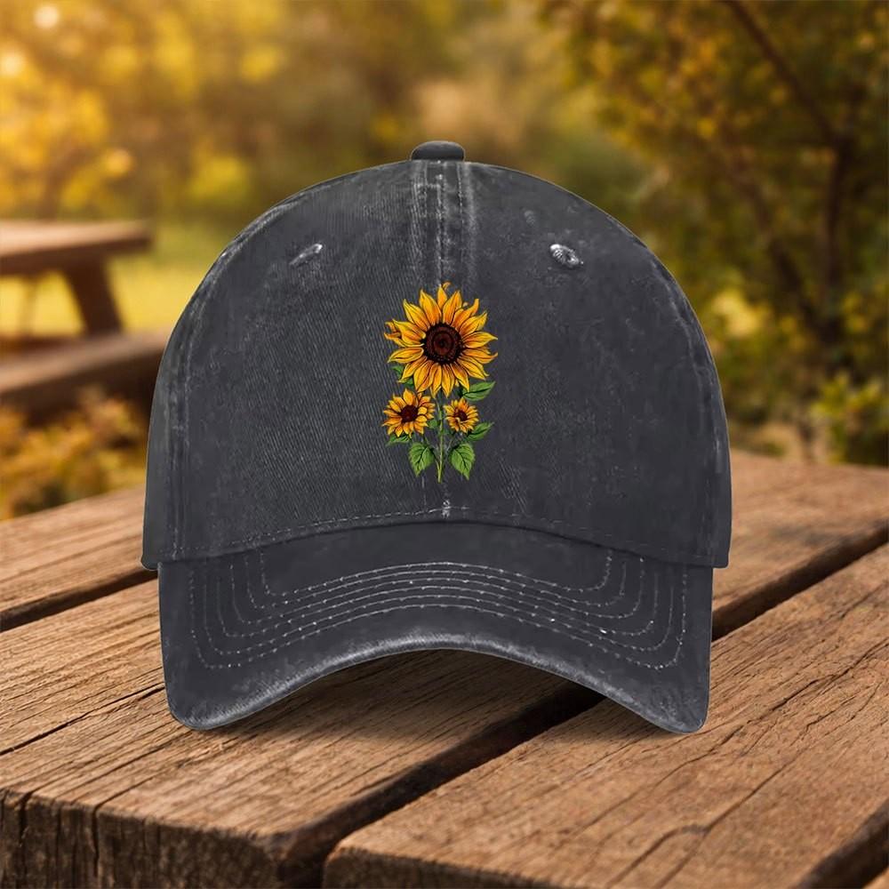 Sunflower Print Washed Cotton Baseball Cap Adjustable Casual Outdoor Sun Hat