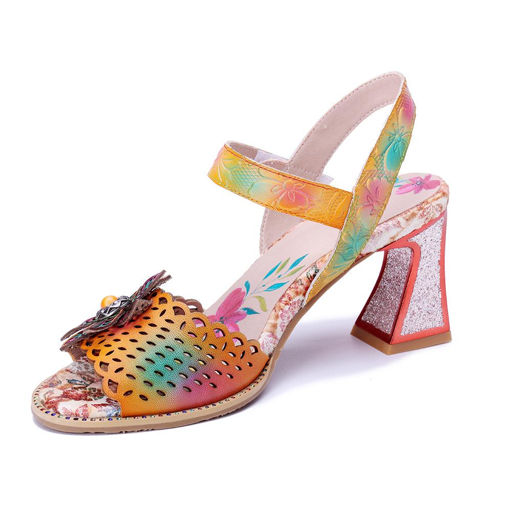 

Johnature Genuine Leather Printed Colored High-heeled Sandals Fashion Exquisite Floral Versatile Women s Shoes 36 оранжевый