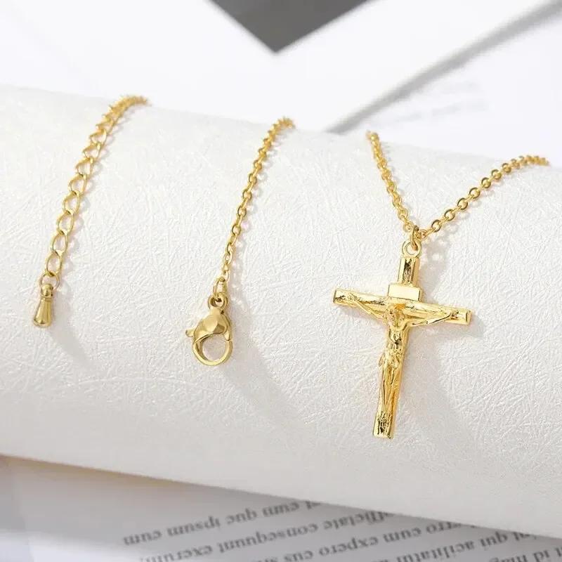 316L Stainless Steel Cross Necklace 18K Gold Plated Religious Pendant Unisex Hypoallergenic Non-Fading Chain Church Jewelry Gift