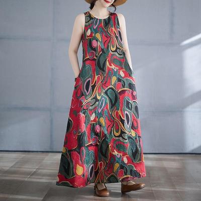 Sleeveless Plus Size Cotton Vintage Floral New In Dresses for Women Casual Loose Long Summer Dress