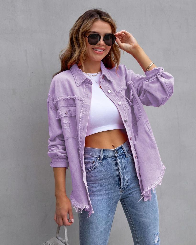 New 2023 Women's Autumn/Winter Denim Cardigan - Solid Color, Single-Breasted Turn-Down Collar Shirt Jacket